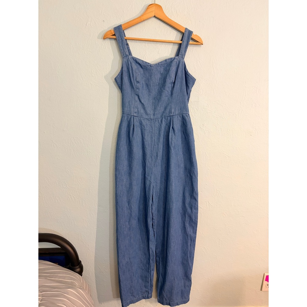 Chambray Wide Leg Jumpsuit Medium Denim Adjustable Straps Cottagecore Summer